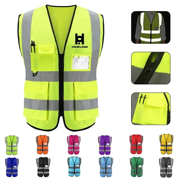 Reflective safety vest with pocket for construction riding