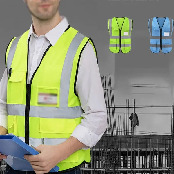Reflective safety vest with pocket for construction riding