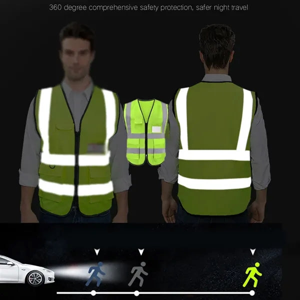 Reflective safety vest with pocket for construction riding
