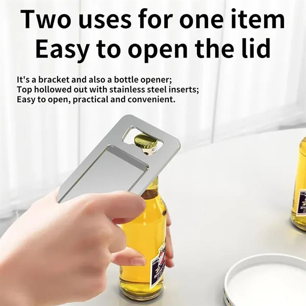 Card-style aluminum phone stand bottle opener