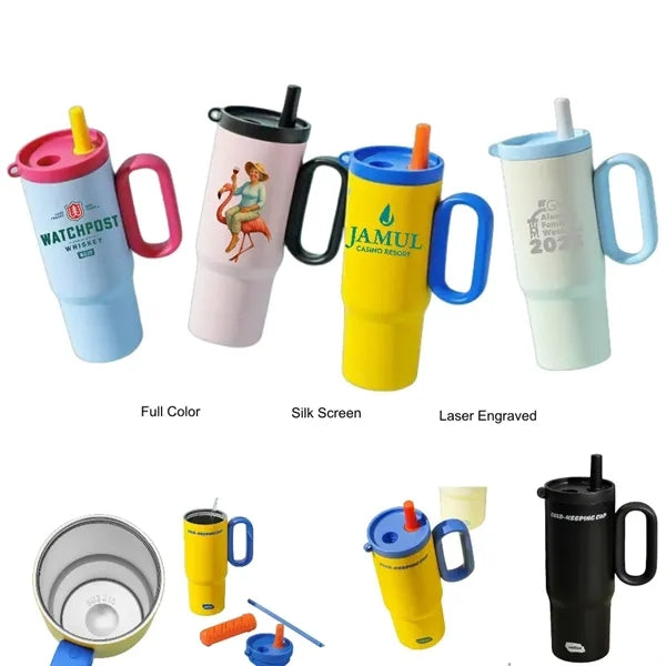 25 oz Double Wall Stainless Steel Tumbler With Handle Straw