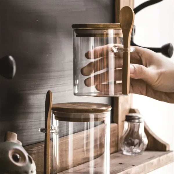 Borosilicate Glass Airtight Spice Jar Set with Bamboo Spoon