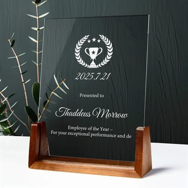 Clear Crystal Glass Award Plaque with Wooden Base
