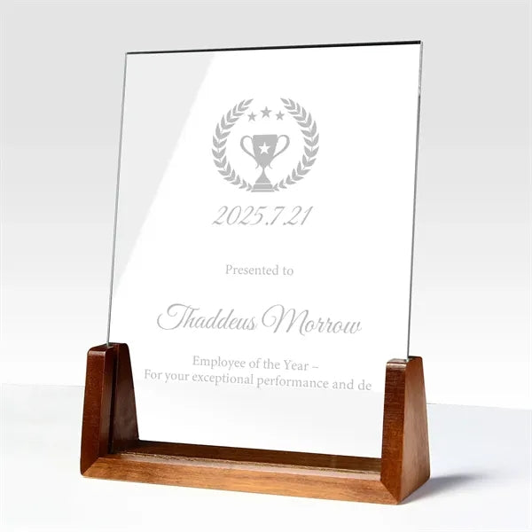 Clear Crystal Glass Award Plaque with Wooden Base