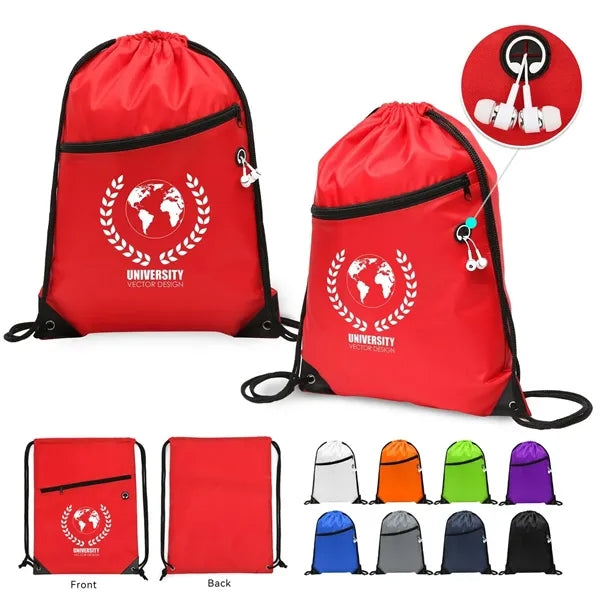 420D Durable Drawstring Bag with Front Zip Pocket