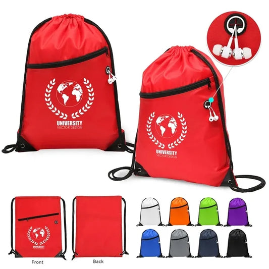 420D Durable Drawstring Bag with Front Zip Pocket