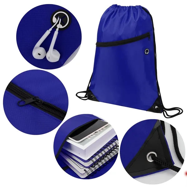 420D Durable Drawstring Bag with Front Zip Pocket