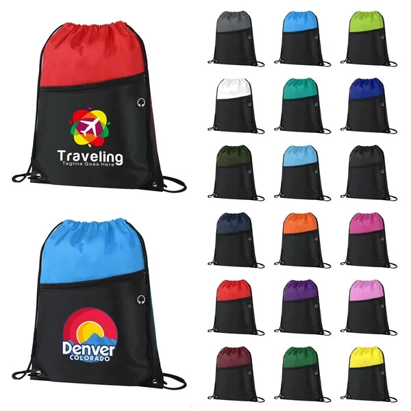 Two-Tone Drawstring Bag with Front Zippered Pocket