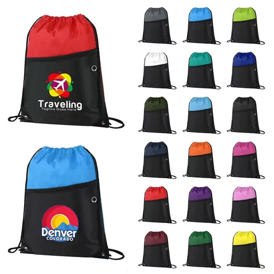 Two-Tone Drawstring Bag with Front Zippered Pocket