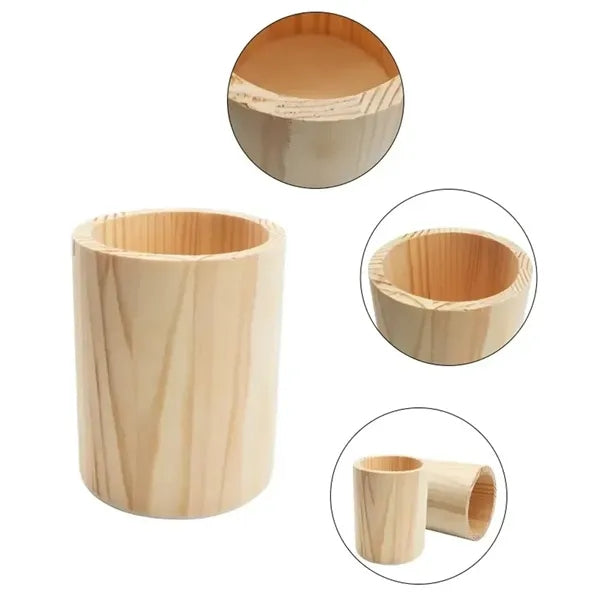 Cylindrical Solid Wood Pen Holder for Desk Organization