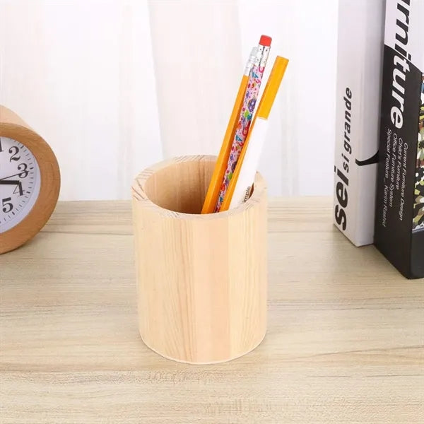 Cylindrical Solid Wood Pen Holder for Desk Organization