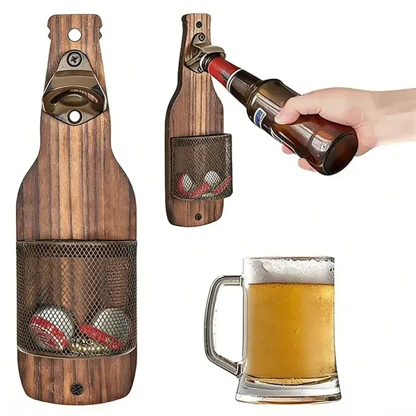 Vintage Wooden Wall Mounted Bottle Opener With Cap Catcher