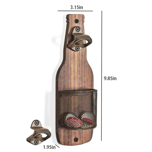 Vintage Wooden Wall Mounted Bottle Opener With Cap Catcher