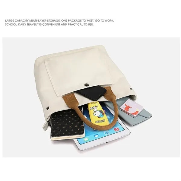 Commute Canvas Tote Bag with Exterior Pocket for Daily Use