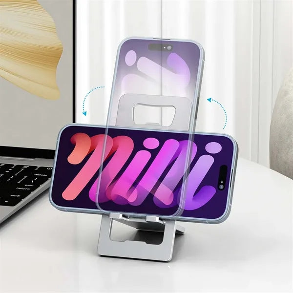 Folding phone stand desktop sturdy alloy with bottle opener