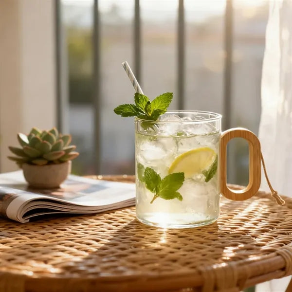 11 oz. Clear Glass Mug with Bamboo Handle and Logo