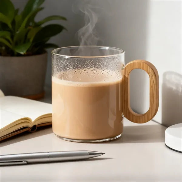 11 oz. Clear Glass Mug with Bamboo Handle and Logo