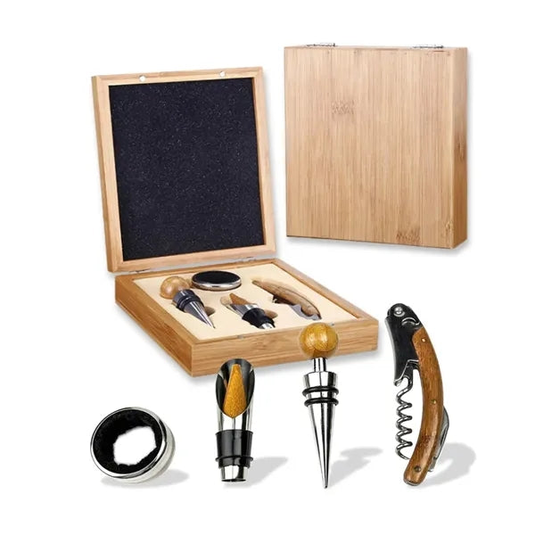 4 Piece Bamboo Wine Opener Set