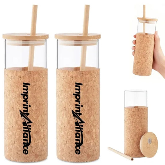 14 oz. Glass Tumbler with Cork Sleeve, Bamboo Lid & Straw