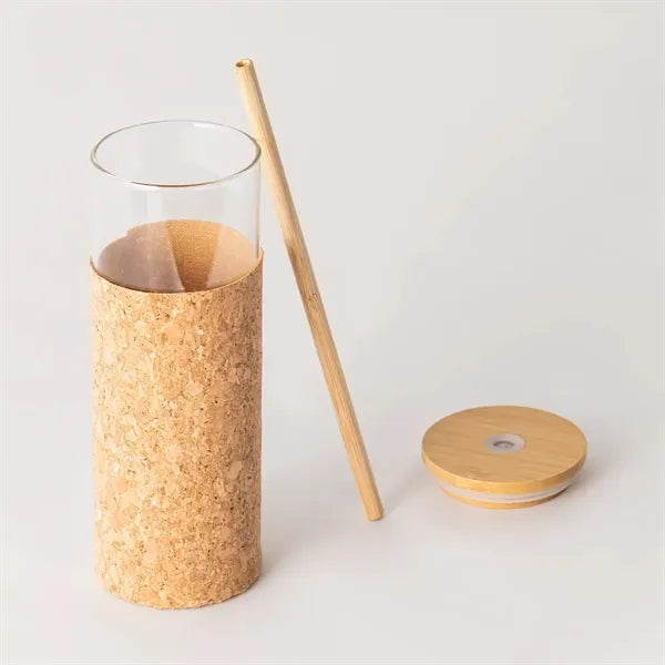 14 oz. Glass Tumbler with Cork Sleeve, Bamboo Lid & Straw