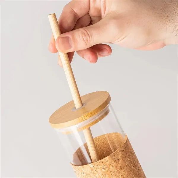 14 oz. Glass Tumbler with Cork Sleeve, Bamboo Lid & Straw