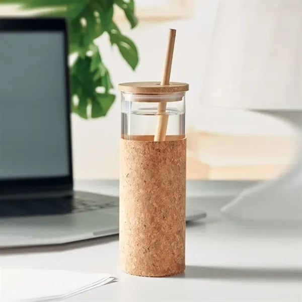 14 oz. Glass Tumbler with Cork Sleeve, Bamboo Lid & Straw
