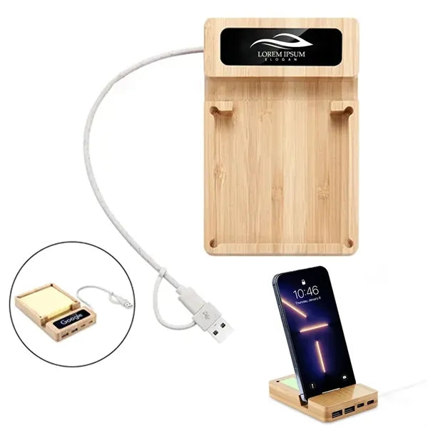 Bamboo USB Hub Desk Organizer With Memo Pad Holder