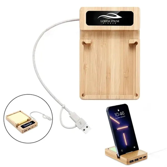 Bamboo USB Hub Desk Organizer With Memo Pad Holder