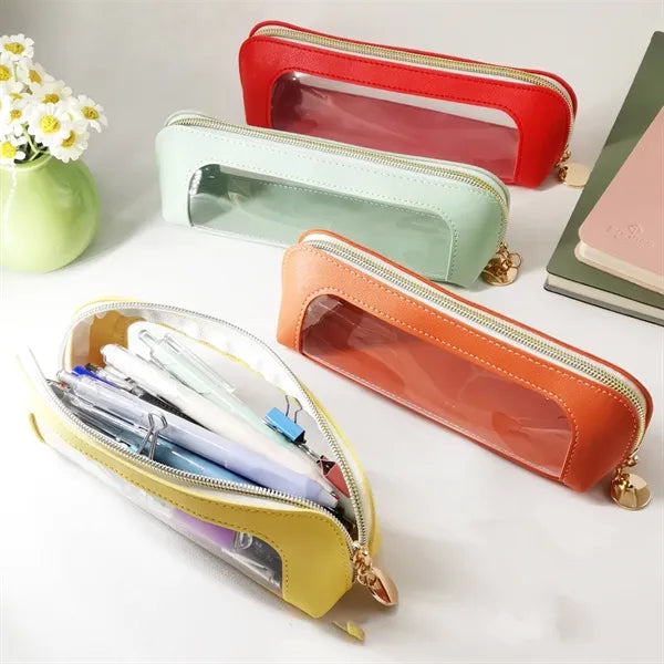 PU Leather Pencil Pouch with Long Zip Opening