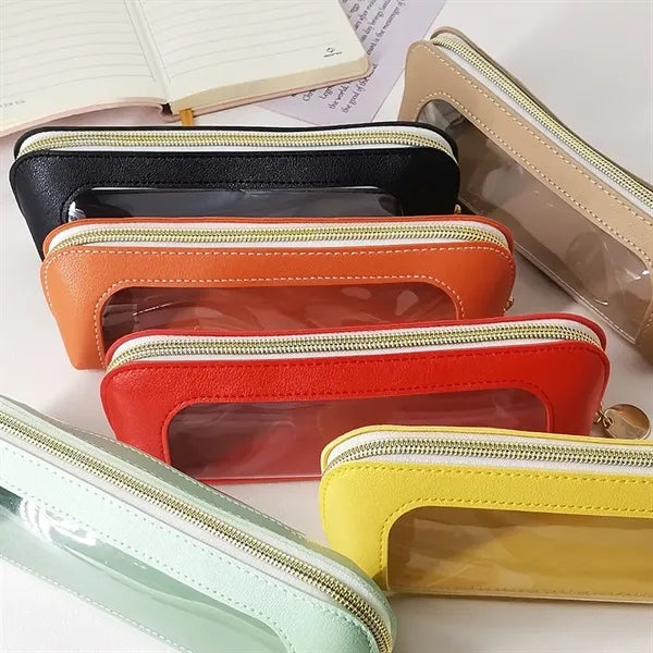 PU Leather Pencil Pouch with Long Zip Opening