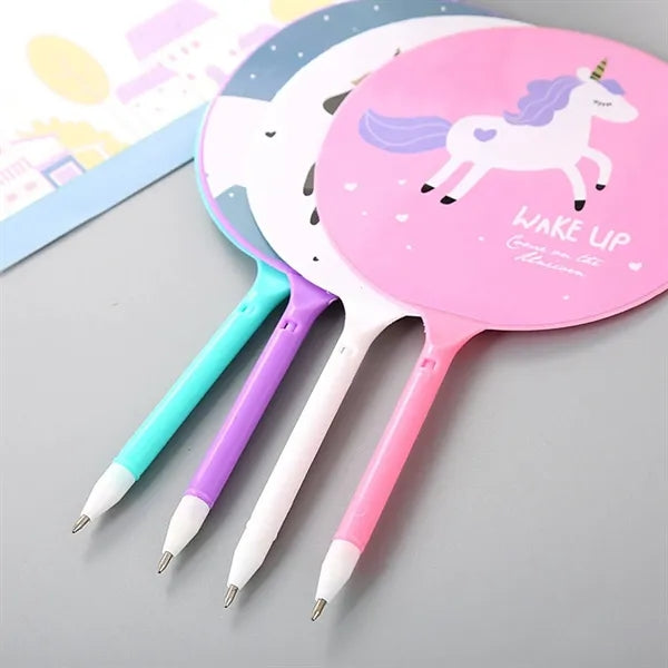 Multifunctional Plastic Handheld Unicorn Fan w/Ballpoint Pen