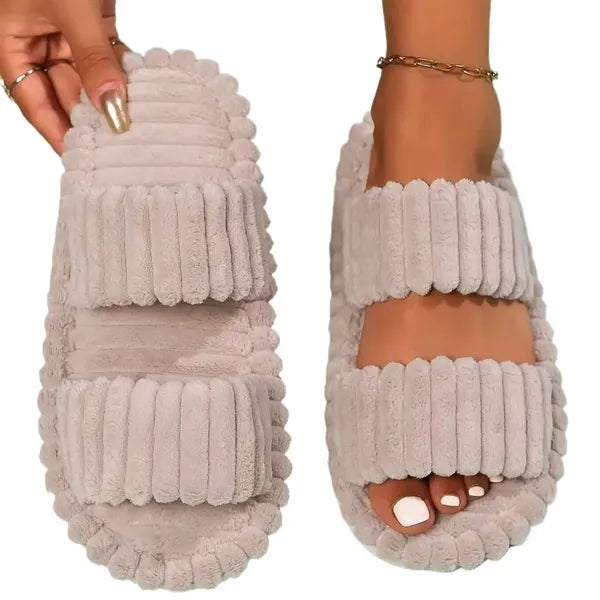 Women's Plush Open-Toe Anti-Skid Double Strap Cotton Slipper
