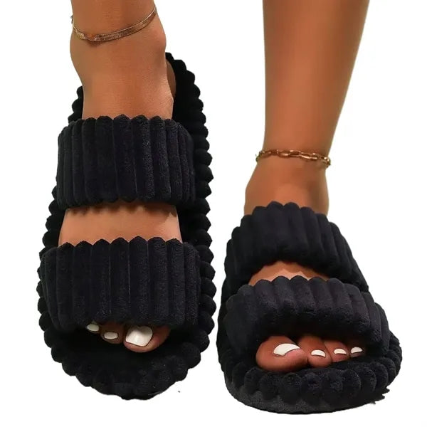 Women's Plush Open-Toe Anti-Skid Double Strap Cotton Slipper