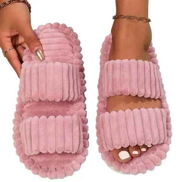 Women's Plush Open-Toe Anti-Skid Double Strap Cotton Slipper