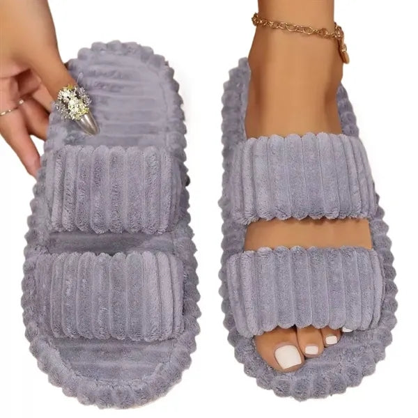 Women's Plush Open-Toe Anti-Skid Double Strap Cotton Slipper