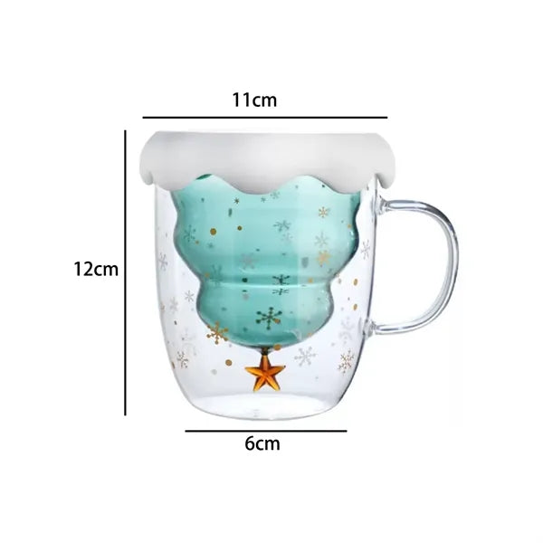 10oz. Double Wall Glass Mug w/ Christmas Tree Design and Lid