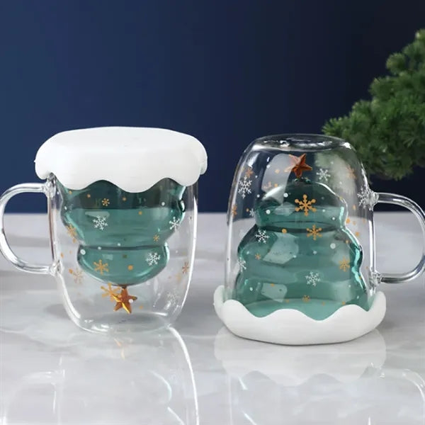10oz. Double Wall Glass Mug w/ Christmas Tree Design and Lid