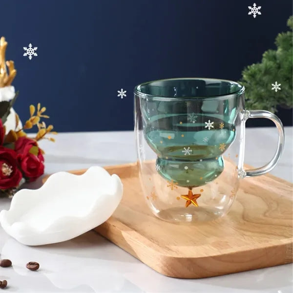 10oz. Double Wall Glass Mug w/ Christmas Tree Design and Lid