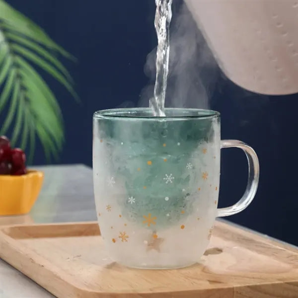 10oz. Double Wall Glass Mug w/ Christmas Tree Design and Lid