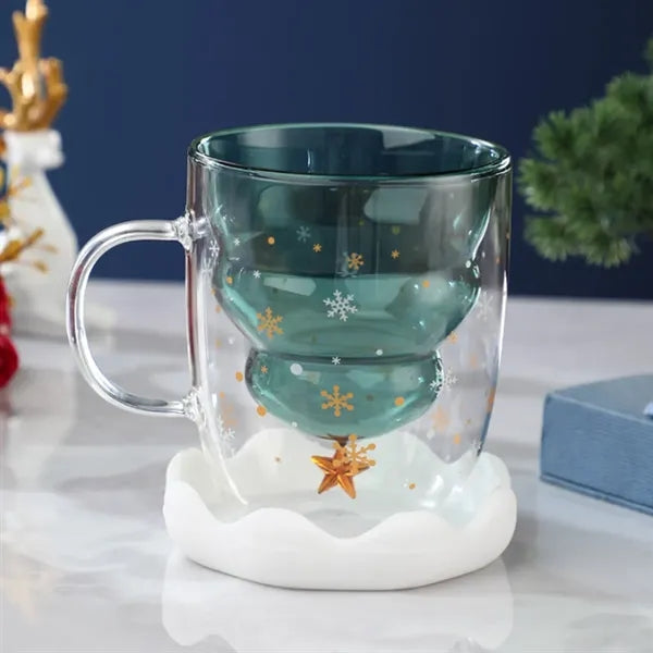 10oz. Double Wall Glass Mug w/ Christmas Tree Design and Lid