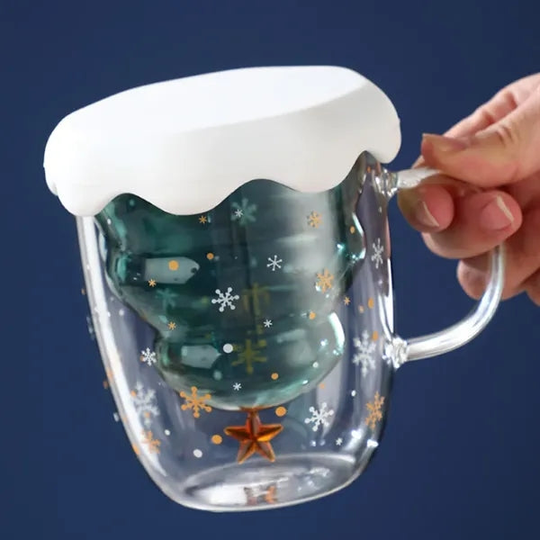 10oz. Double Wall Glass Mug w/ Christmas Tree Design and Lid