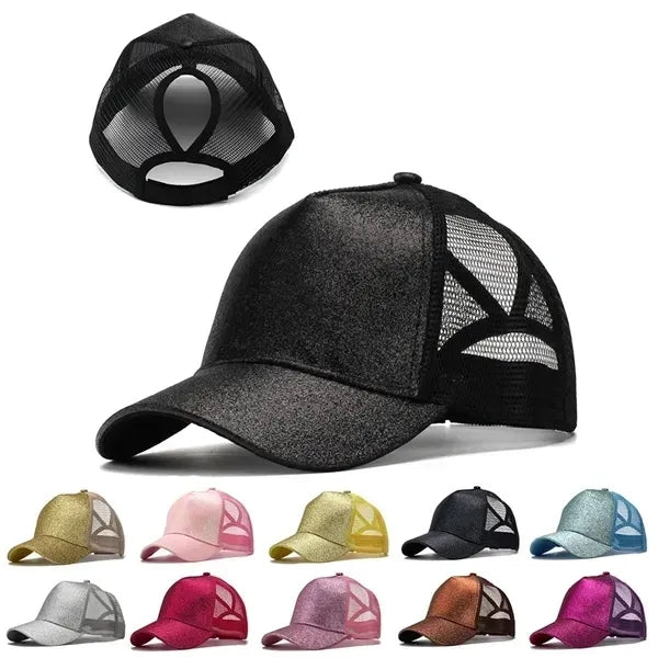 Ponytail Vintage Sports Glitter High Bun Hat