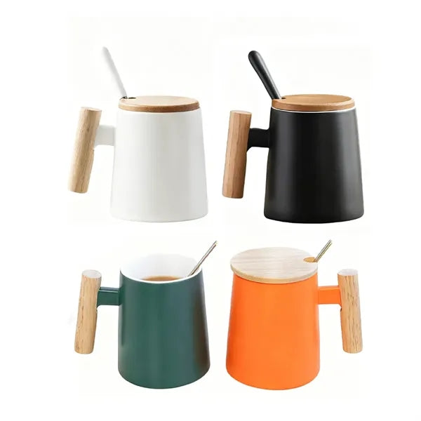 15oz. Ceramic Mug with Wooden Handle Lid and Spoon