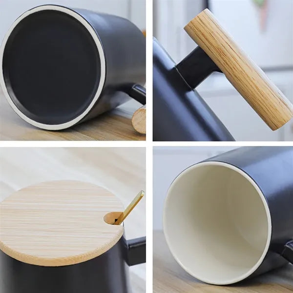 15oz. Ceramic Mug with Wooden Handle Lid and Spoon