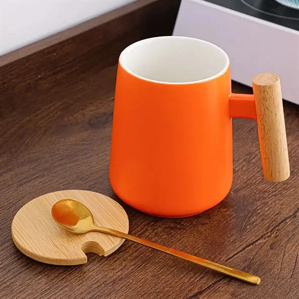 15oz. Ceramic Mug with Wooden Handle Lid and Spoon