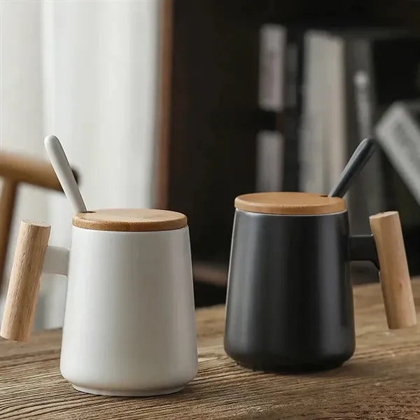 15oz. Ceramic Mug with Wooden Handle Lid and Spoon