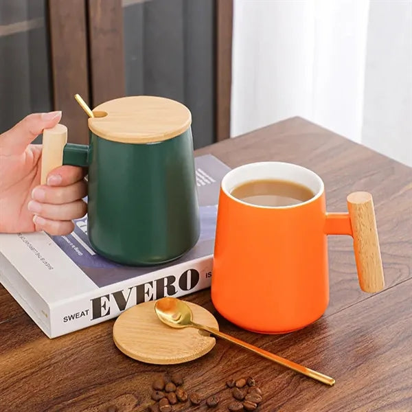 15oz. Ceramic Mug with Wooden Handle Lid and Spoon
