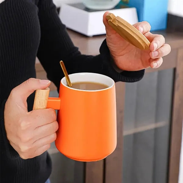 15oz. Ceramic Mug with Wooden Handle Lid and Spoon
