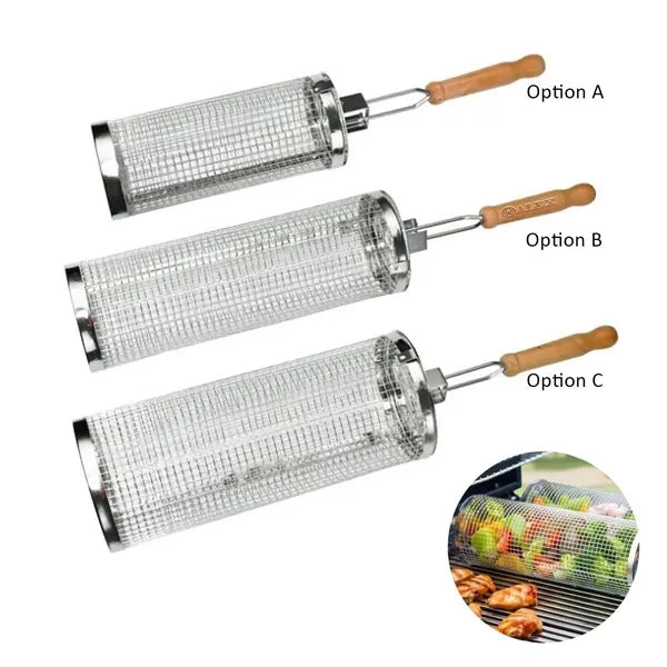 Outdoor Stainless Steel Barbeque Cage w/ Wooden Handle