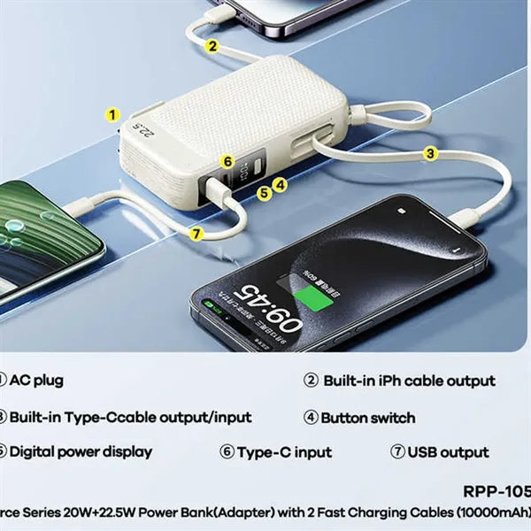 10000mAh Dual Fast Charge Travel Power Bank w/ Cables
